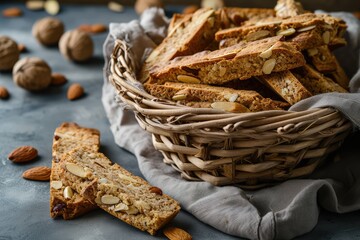 Biscotti di prato on a grey napkin background. Pile of traditional italian cantuccini nuts cookies