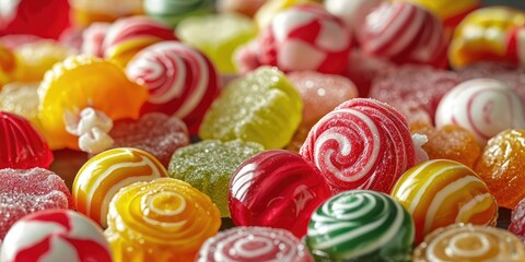 Fototapeta premium Colorful hard candies pile. Small shiny lollipop pile, fruit confectionery group, round sweets candies