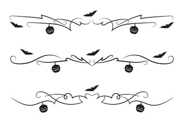 set of Halloween flourish dividers, hand-drawn fancy lines with pumpkins and Bats vine scroll page separator, decorative ornate swirls vintage menu Wedding border holiday design element

