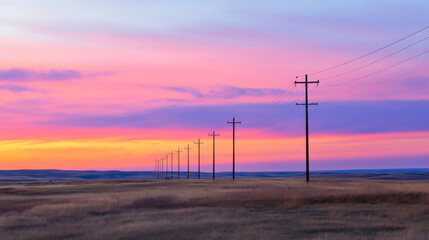 Obraz premium Power lines rise against a colorful sunset, stretching across the wide plains.