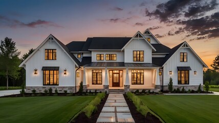 Beautiful modern farmhouse style luxury home exterior at twilight