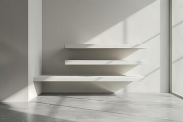 Fototapeta premium minimalist white shelving unit floating on a matte gray wall casting subtle shadows clean lines and empty space create a serene modern aesthetic
