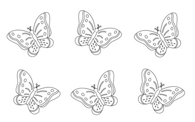 Coloring page of vector colorful butterflies. Collection of butterflies.