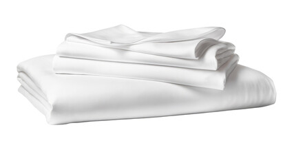 Stack of clean bed sheets on white background