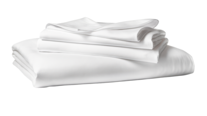 Stack of clean bed sheets on white background