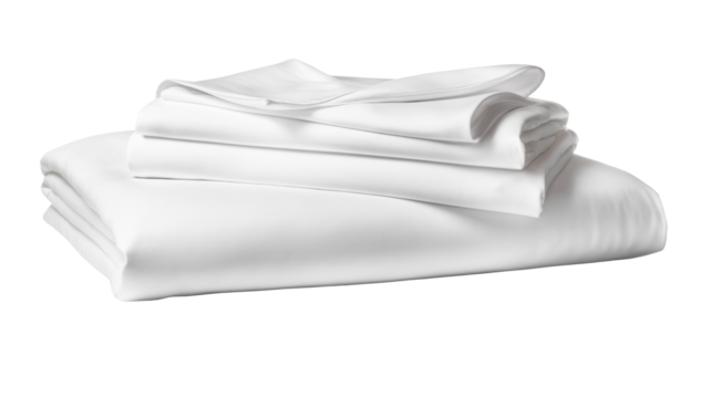 Stack of clean bed sheets on white background
