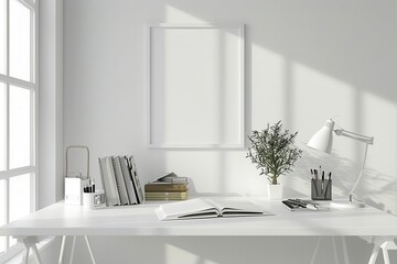 minimalist workspace with white desk neatly arranged books and supplies blank wall for text natural light from side window