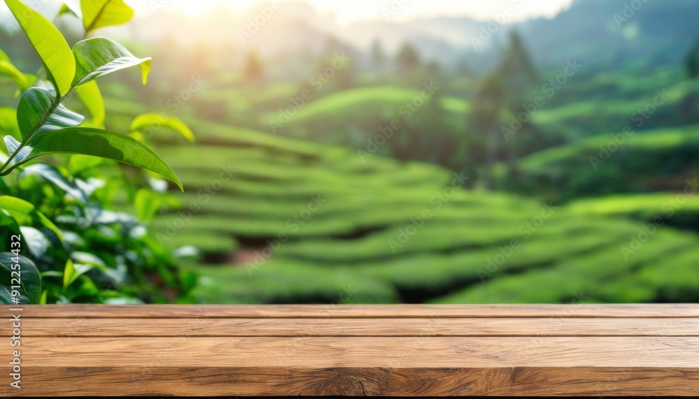 Aufkleber an empty wooden table is set against a backdrop of vibrant, rolling tea fields illuminated by the mo