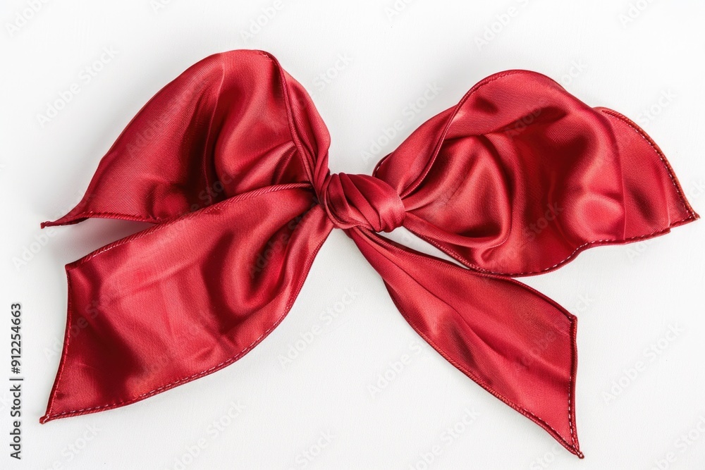 Poster a single red satin bow placed on a plain white surface, ideal for use in still life photography or a
