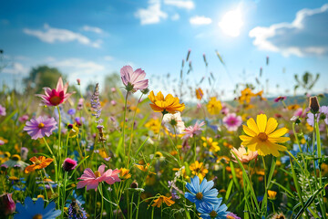 Beautiful spring meadow with colorful wildflowers, blue sky, and sun shining on the field of flowers, beautiful nature background.