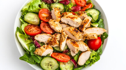Savory chicken salad beautifully arranged on a white background.