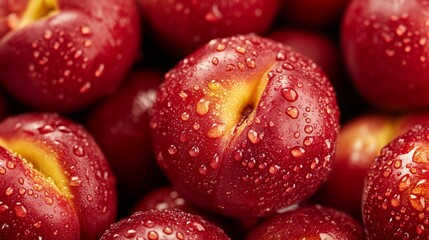 Freshly picked nectarines glistening with water droplets, captured in natural daylight to highlight their lush, reddish-gold tones