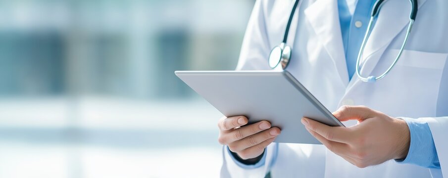 Doctor explaining treatment plan to patient using tablet, digital health records, patient education