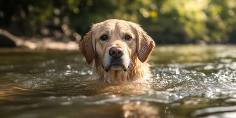 dog in river Whimsical Riverside Puppy Adventure: 4K Wallpaper Blending Abstract Patterns and Adorable Canine Charm. Creative Marketing Background Featuring AI-Generated Artistic River Scene with Play