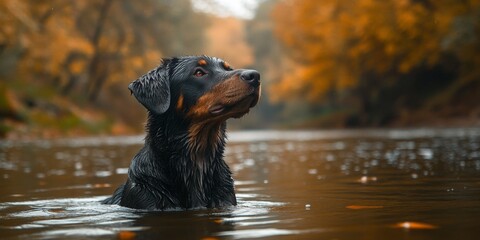 dog in river Whimsical Riverside Puppy Adventure: 4K Wallpaper Blending Abstract Patterns and Adorable Canine Charm. Creative Marketing Background Featuring AI-Generated Artistic River Scene with Play