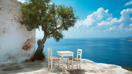 A lonely full of olives tree on a greek coast cliff, old white greek house, old white chairs and table