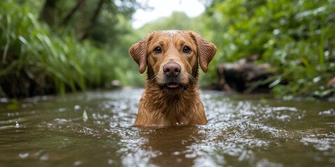 dog in river Whimsical Riverside Puppy Adventure: 4K Wallpaper Blending Abstract Patterns and Adorable Canine Charm. Creative Marketing Background Featuring AI-Generated Artistic River Scene with Play