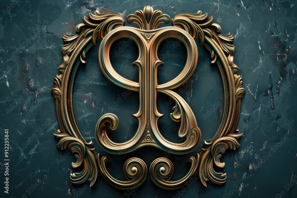 Poster a decorative letter b in a gold frame on a blue wall, perfect for adding a touch of elegance to any 