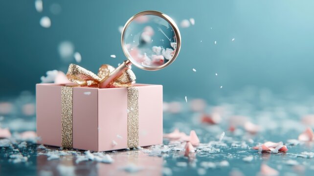 Conceptual representation of gift box with magnifying glass revealing hidden details.