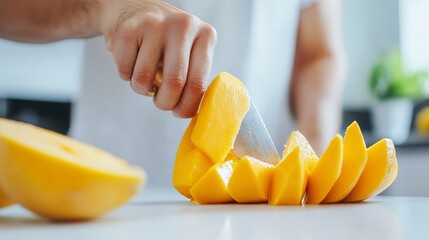 Mangoes being peeled and sliced, showing the juicy, vibrant interior, set against a bright kitchen counter