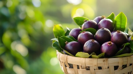 Mangosteen fruits in a woven basket, bathed in natural sunlight, highlighting their vibrant purple hues and natural beauty