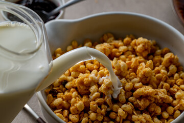 Milk and granola.
Breakfast image.

