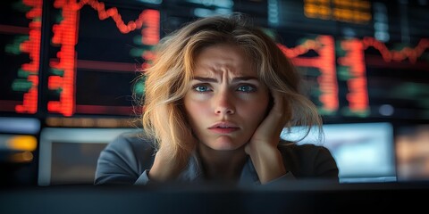 business woman stock market crash declining graphs economic crisis.