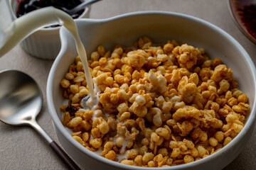 Milk and granola.
Breakfast image.
