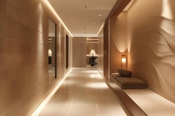 Fototapeta premium modern minimalist corridor with sleek lines and hidden lighting neutral color palette artistic wall textures and strategically placed mirrors create illusion of spaciousness