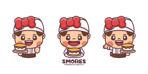 female chef cartoon mascot with s'mores