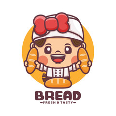 female chef cartoon mascot with bread