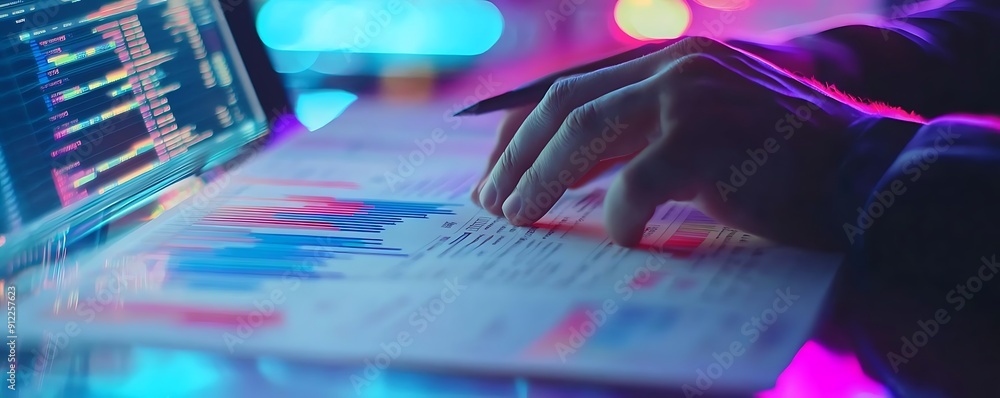Poster closeup of hand analyzing data on a laptop screen in a neon lit office - realistic image