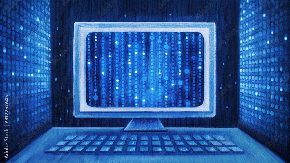 Poster blue digital binary data on computer screen