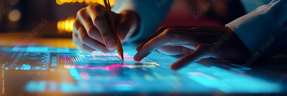 Aufkleber person using digital pen on tablet with data and charts displayed - realistic photo