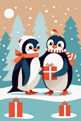 Obraz premium Retro aesthetic greeting card with cartoon character penguins, colorful confetti and Christmas snow scene.