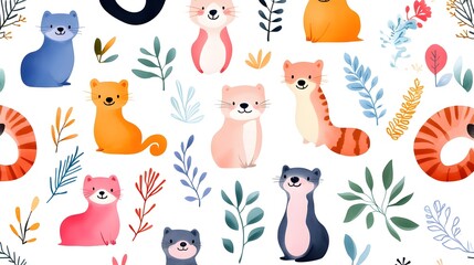 Charming watercolor ferrets cartoon pattern with smiling ferrets, lovely and friendly graphic illustration, Seamless Pattern