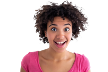 young woman in pink top smiling playful expression, isolated on white or transparent png
