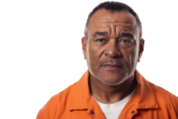 mid-aged man in orange prison jumpsuit