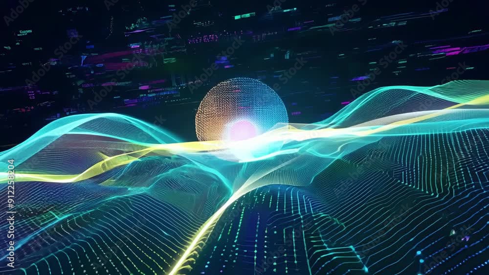 Poster dynamic waves of color move through a digital landscape, featuring a vibrant sphere at the center, c