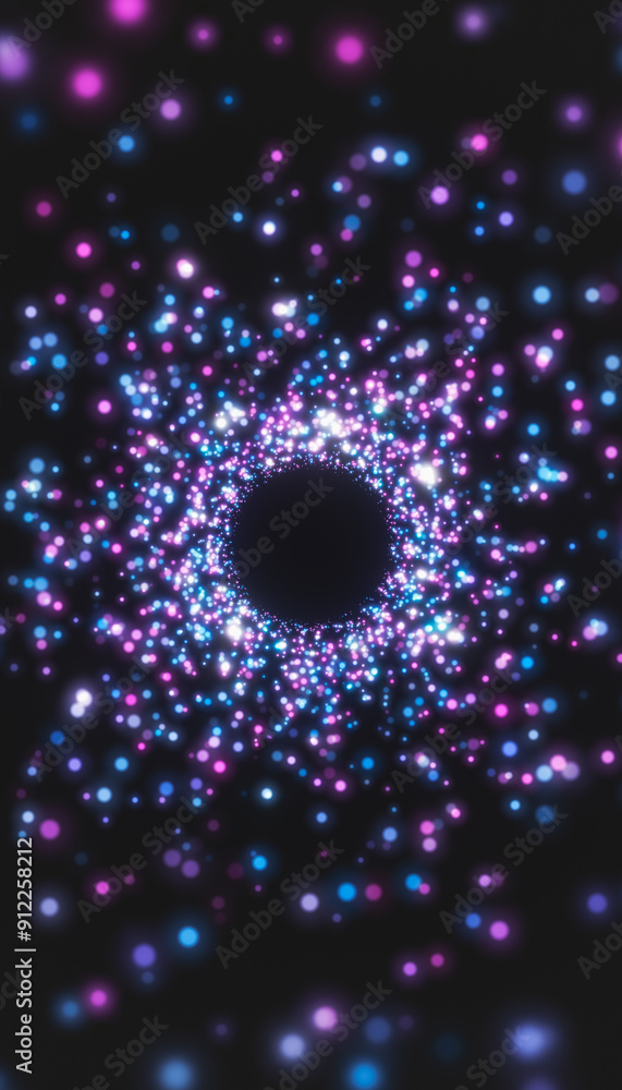Poster vertical illustation of blue and pink particles in a tunnel on a dark background - abstract backgrou