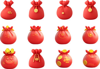 3D icon set of a red lucky bag with gold coins on a white background