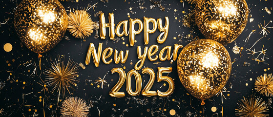 Gold Happy New Year 2025 message balloons on a black background with decoration party. symbolizes the start of the new year.