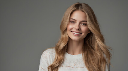 Obraz premium Smiling Young Woman with Long Blonde Hair Wearing a White Sweater in a Studio Portrait