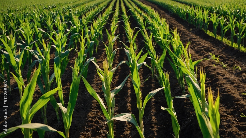 Poster rows of corn in the field background farm concept backdrop