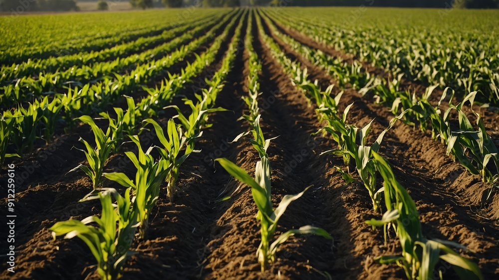 Poster rows of corn in the field background farm concept backdrop