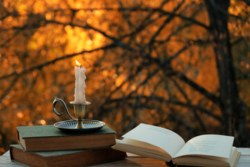 composition with candle and old books on wooden table in autumn garden, natural background. harmony...