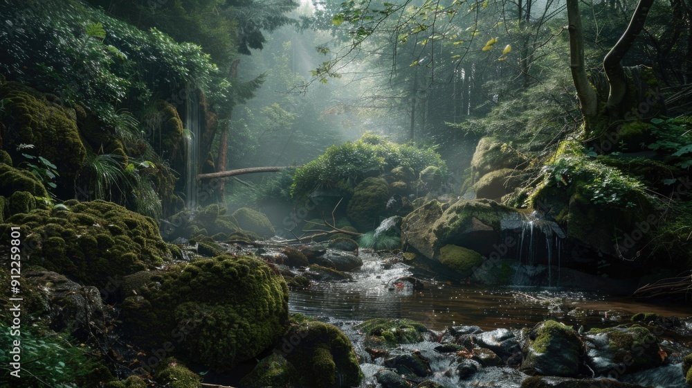 Poster a serene scene of a river running through a lush green forest, perfect for use in nature-inspired de