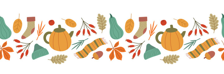 Autumn seamless border. Autumn clothes, teapot and leaves. Isolated vector illustration, hand drawing