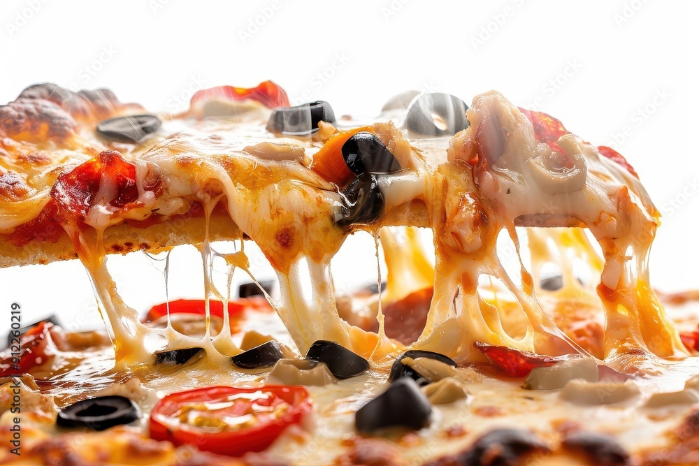 Wall mural mouthwatering closeup of pizza slice with stretchy gooey cheese pull steam rising vibrant toppings on crispy crust isolated on white