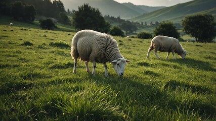 Fototapeta premium sheep grazing in green meadow background farm concept backdrop 3